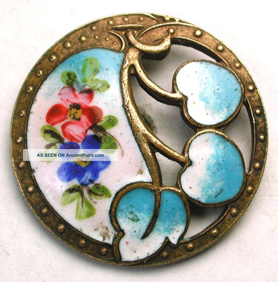 Antique French Enamel Button Hand Painted W/ Pierced Turquoise Leaves Buttons photo