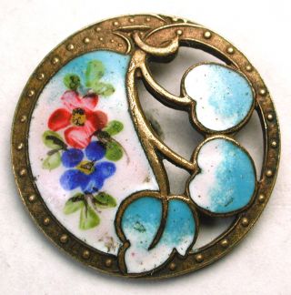 Antique French Enamel Button Hand Painted W/ Pierced Turquoise Leaves photo