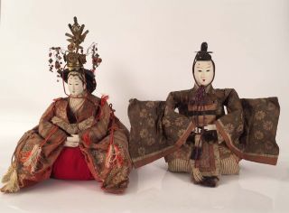 Antique Japanese Meiji Hina Emperor & Empress Dolls photo