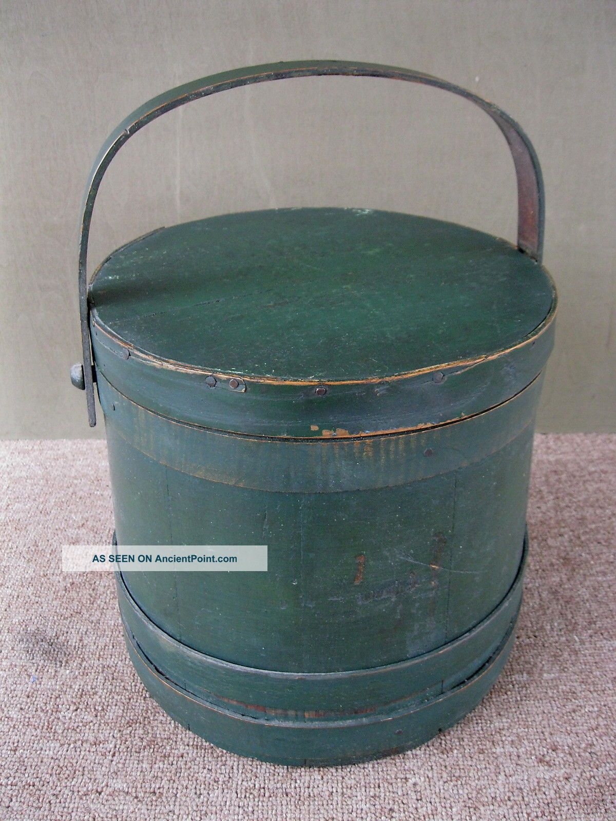 Antique Firkin Sugar Bucket Primitive Pine Wood Old Green Paint Lid Bail Handle Primitives photo