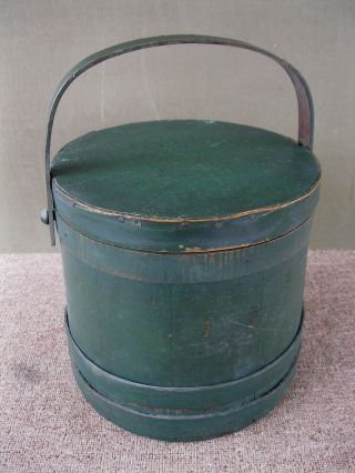 Antique Firkin Sugar Bucket Primitive Pine Wood Old Green Paint Lid Bail Handle photo