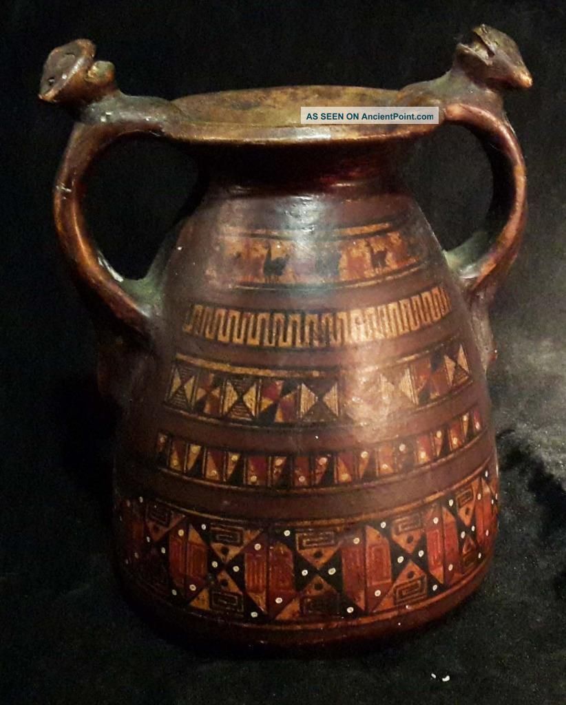 Rare Antique Early Pre Columbian Pottery Vase With Great Design Cats Handles The Americas photo