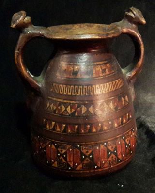 Rare Antique Early Pre Columbian Pottery Vase With Great Design Cats Handles photo