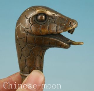 Lifelike Chinese Old Bronze Hand Carved Snake Statue Cane Walking Stick Head photo