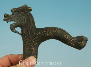 Pray Chinese Old Bronze Hand Carved Dragon Statue Cane Walking Stick Head photo