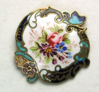 Antique French Enamel Button Fancy Champleve Border W Hand Paint Flowers photo