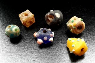 6 Ancient Phoenician Fused Glass Beads - Disk Pear And Cube Shaped 500 - 300 Bc photo