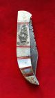 Hand Etched,  Scrimshaw By Shar,  Custom Made Damascus Steel Folding Knife/knives Scrimshaws photo 1