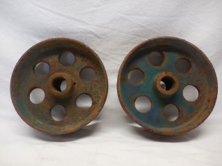 Vintage Pair Cast Iron Flat Belt Pulley/caster Wheels photo