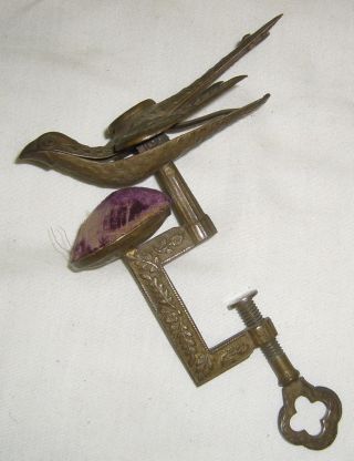 Antique Victorian 1850 ' S Cast Iron Clamp & Fabric Clasp Sewing Bird Pin Cushion photo