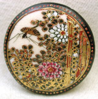 Antique Meiji Satsuma Buttons Bird & Mt Fuji Flowers & Bamboo W/ Gold Accents photo