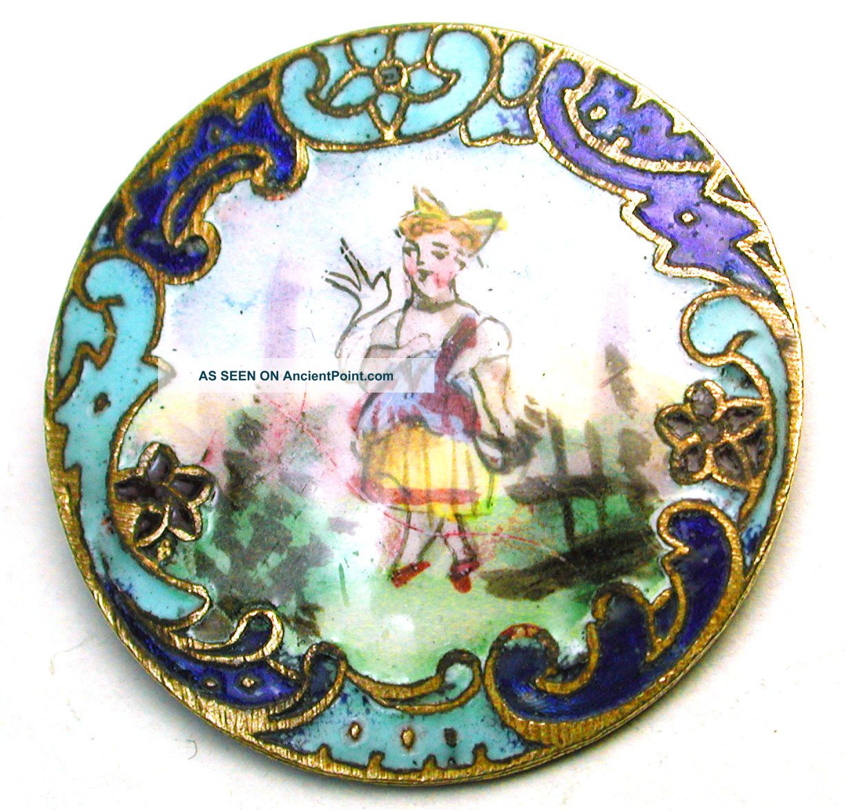 Antique French Enamel Button Young Woman Pictorial W/ Fancy Champleve Border Buttons photo