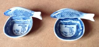 Old Blue And White Small Chinese Bowls/spoons With Fish Handle photo