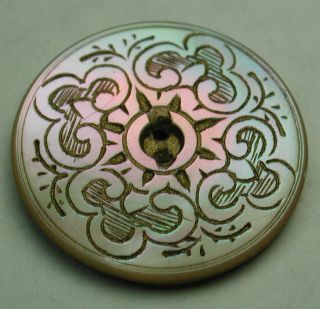 Antique Carved Iridescent Shell Button Fancy Flowers Design photo