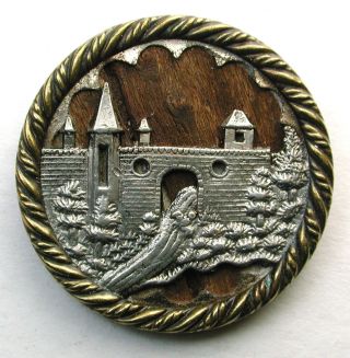 Lg Sz Antique Woodback Brass Button Detailed Castle Pictorial photo