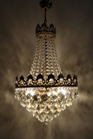 Large Antique French Basket Style Brass & Crystals Chandelier Ceiling Lamp photo