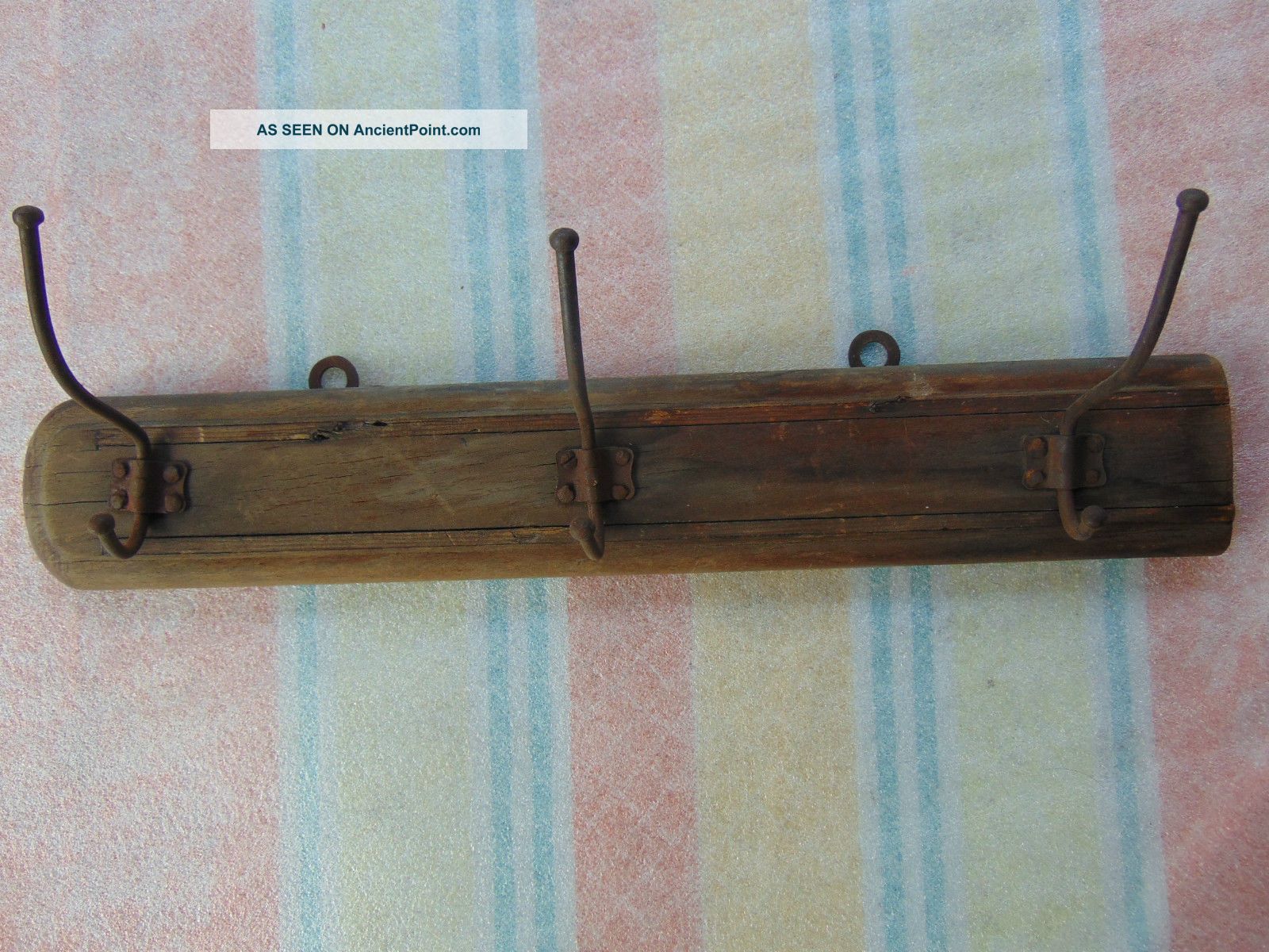 Antique Authentic Wall Hanger Carved Primitive Peg Wooden Base With Metal Gab Primitives photo