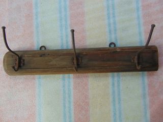 Antique Authentic Wall Hanger Carved Primitive Peg Wooden Base With Metal Gab photo