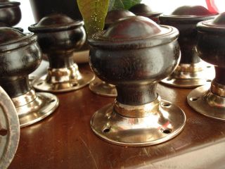 Vintage Edwardian Door Knobs X 7 Pairs,  1 Wood Copper Coloured Brass Roses. photo