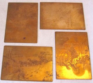 4 Antique Late 1800s Copper Printing Plates Horse & Carriage,  Farming Rare photo