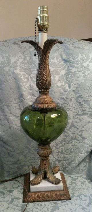 Antique Green Glass Font & Ancuthus Leaf Table Lamp photo