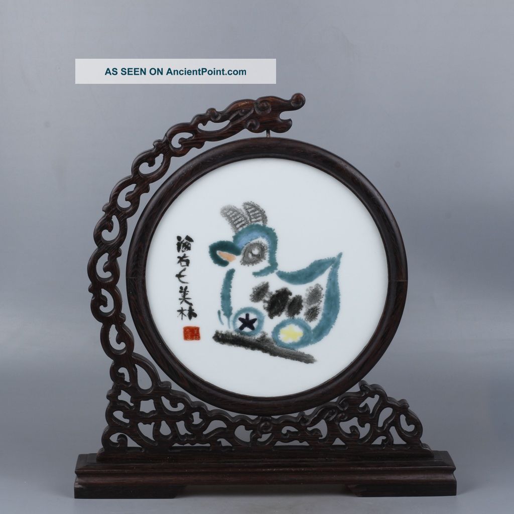 Chinese 12 Zodiac Wood And Porcelain Painting Screens Plates photo