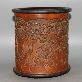 Ancient Chinese Old Bamboo Handwork Carvd Brush Pot W photo