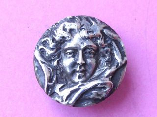 Antique 1900 Dated,  Sterling Silver Art Nouveau Lady Head Button.  ; photo