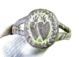 Rare Post Medieval Bronze Love Ring With Two Hearts On Bezel - Wearable - Jk22 photo