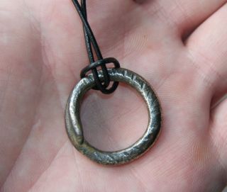 Ancient Old Bronze Pendant On Leather Cord (jnr01) photo