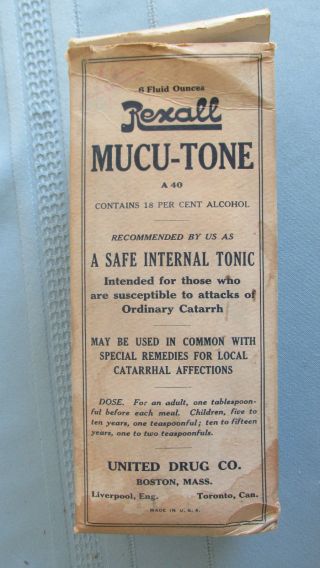Rexall Mucu - Tone Box & Bottle - 1910 ' S - Unnited Drug Company - Catarrh Drug photo