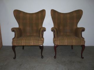 Pair Vintage Chippendale Fan Wing Back Club Chairs Ball & Claw Feet 120711 photo
