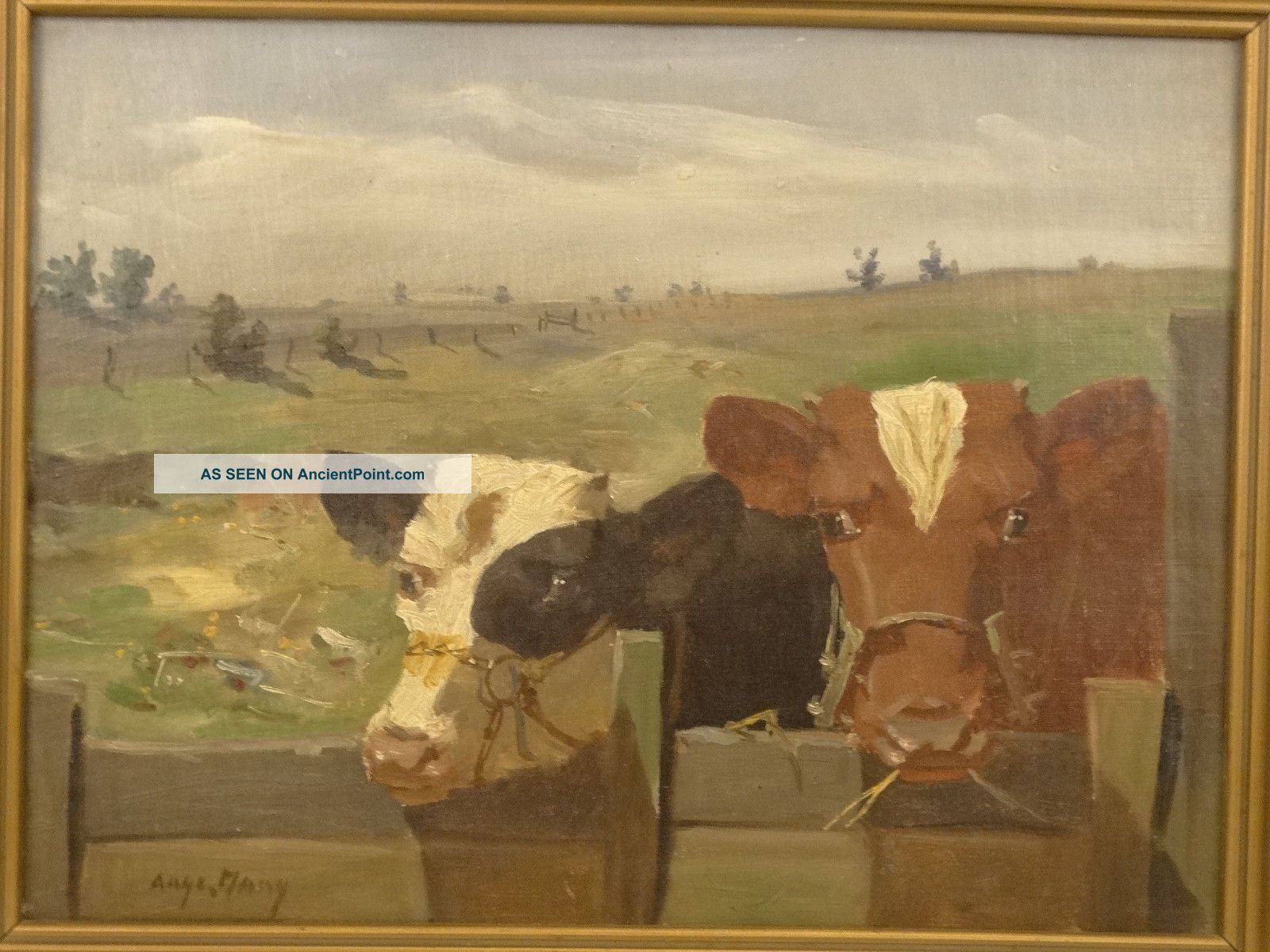 Antique Primitive Old Gossiping Cow Old Pastoral Farm Landscape Oil Painting Primitives photo