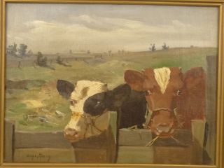 Antique Primitive Old Gossiping Cow Old Pastoral Farm Landscape Oil Painting photo