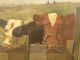 Antique Primitive Old Gossiping Cow Old Pastoral Farm Landscape Oil Painting Primitives photo 1