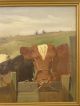 Antique Primitive Old Gossiping Cow Old Pastoral Farm Landscape Oil Painting Primitives photo 2