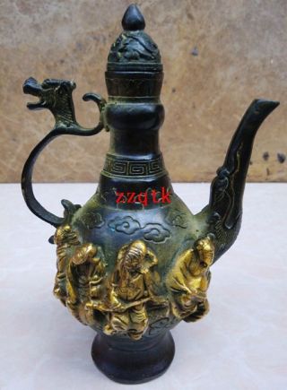 China ' S Old Copper Hand - Carved Mythical Figure Eight Immortals Teapot photo