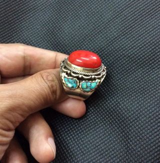 Men ' S Islamic Old Tibetan Red Coral Ring Afghan Vintage Tribal Size 10 photo