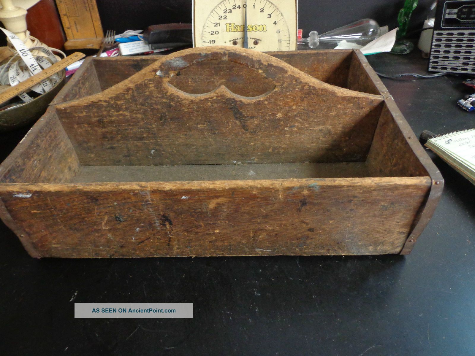 Antique Wood Primitive Divided Tray Handled Caddy Utensil Pantry Box Metal Strap Primitives photo