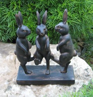 3 Dancing Bunny Rabbit S Statue Primitive/french Country Garden Room Decor photo