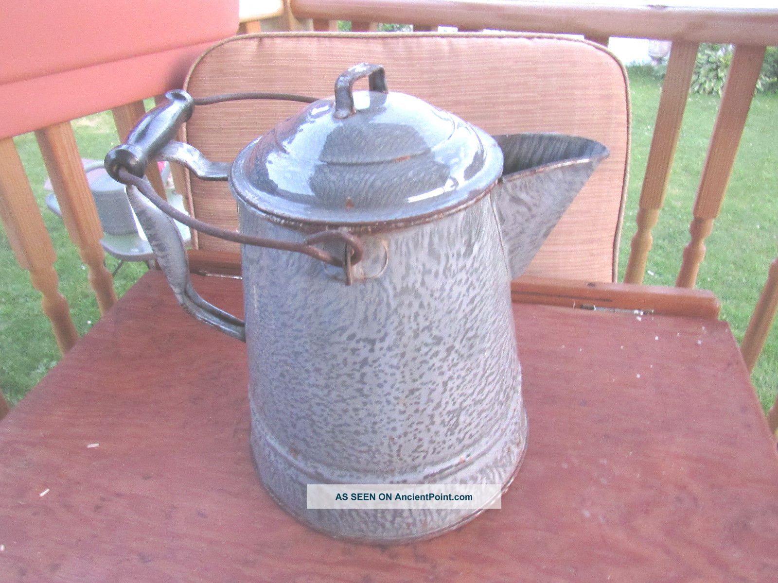 Vtg Rustic Primitive Gray Swirl Enamel Metal Coffee Pot Display Primitives photo