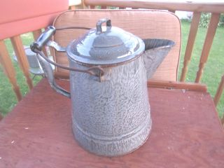 Vtg Rustic Primitive Gray Swirl Enamel Metal Coffee Pot Display photo