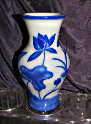 Antique Chinese Peking Glass Vase Blue & White Water Lilies Duck China photo