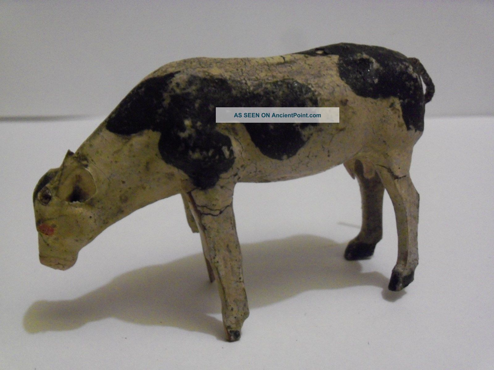 Early Composition Painted Cow Wooden Stick Legs String Tail Old Childs Toy Primitives photo