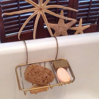 Antique Large Brass Soap Sponge Drain Holder Fits Over Rim Claw Foot Tub Bathtub photo