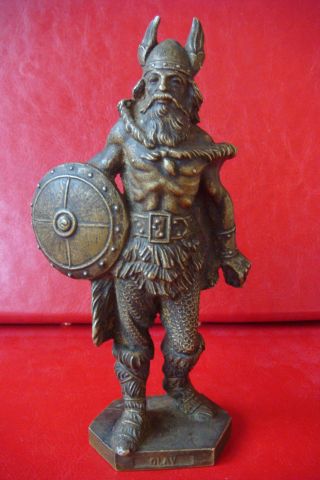 Very Rare Antique Olav Viking Warrior Norway King Bronze Statue Figure photo