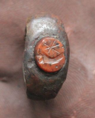 L6 Ancient Roman Bronze Intaglio Ring With Gemme Of Karneol - Star Mond 5.  6g photo