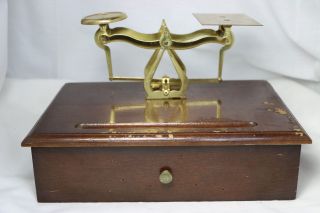 Vintage Brass Desktop Postal Scale With Drawer,  Weights,  Envelopes & Note Paper photo