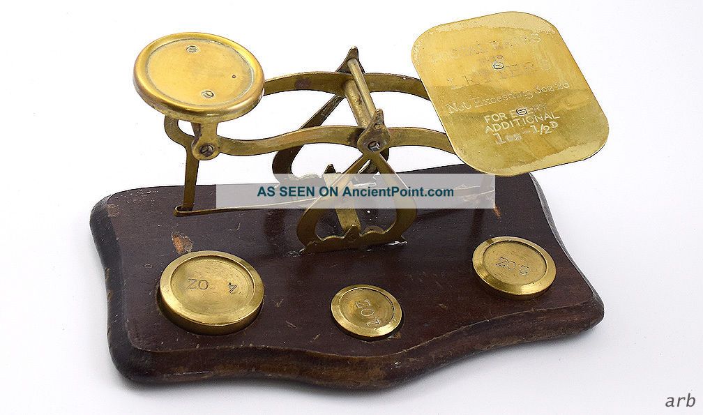 Handsome English Antique Brass Postal Scale W/3 Weights On Wooden Platform Scales photo