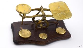 Handsome English Antique Brass Postal Scale W/3 Weights On Wooden Platform photo